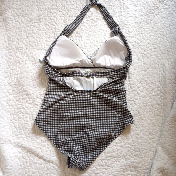 Draper James Navy Gingham Seersucker Draped Halter Swimsuit - Picture 7 of 10